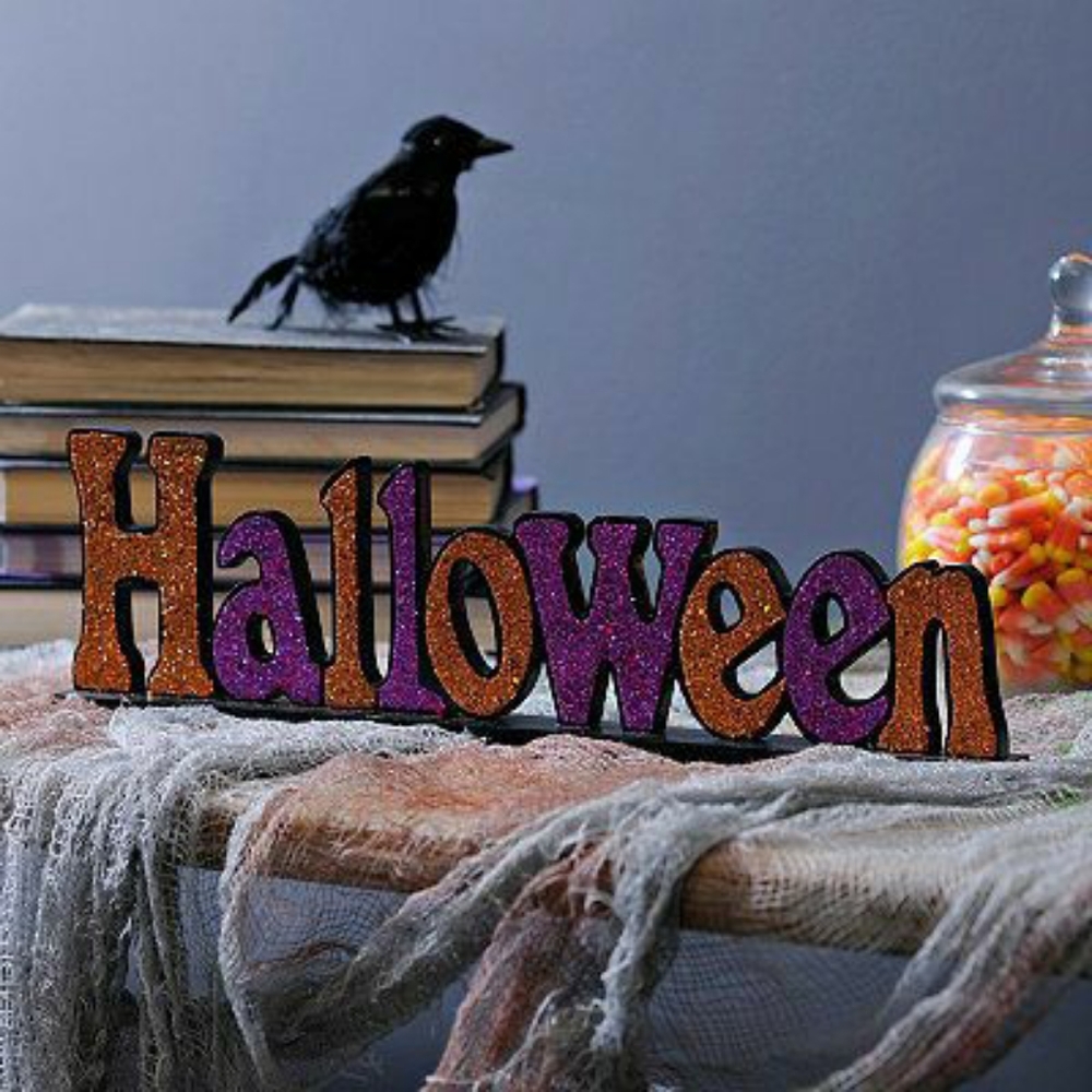 💚 Green Orange Pink Sparkle Glitter Halloween Table Top Holiday Wood Sign Decor